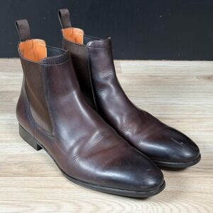 Santoni Chelsea Boots Mens Size 10.5 Brown Leather Square Toe T500 Made In Italy